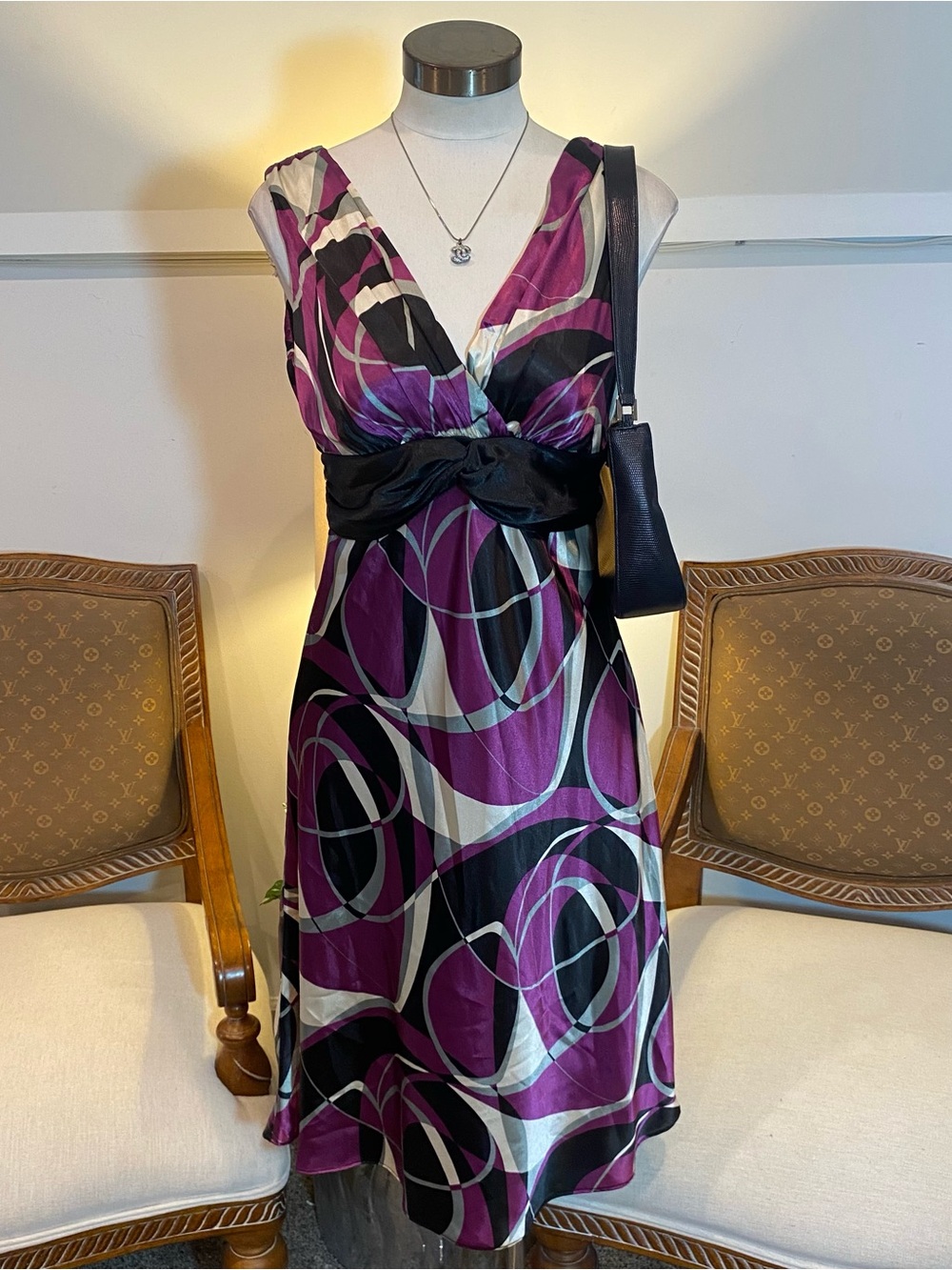 Vintage 90s Purple Black and White Swirl Geometric Graphic Mini Dress with Bow S